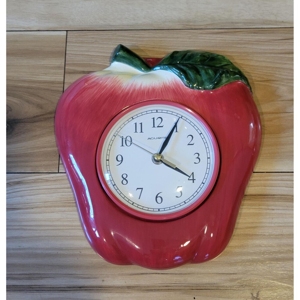 Vintage AcuRite Ceramic Apple Wall Clock Retro Country Farmhouse Kitchen Decor